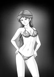 Size: 4961x7016 | Tagged: suggestive, alternate version, artist:symptom99, derpibooru import, sunset shimmer, equestria girls, belly button, breasts, clothes, erect nipples, female, image, monochrome, nipple outline, png, solo, solo female, swimsuit