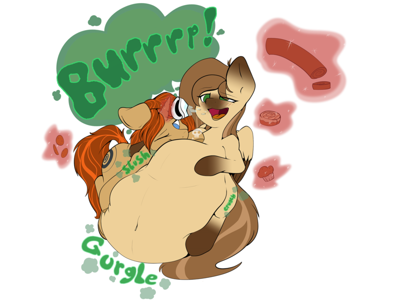 Size: 2000x1500 | Tagged: questionable, derpibooru import, oc, oc:boosted snail, oc:cinnamon treats, pegasus, pony, unicorn, belly, big belly, blushing, burp, burping up items, digestion, huge belly, image, impossibly large belly, one eye closed, oral vore, png, stuffed, vore
