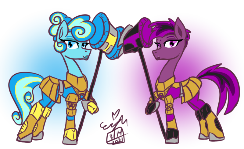 Size: 1264x775 | Tagged: safe, artist:erenerakhard, derpibooru import, oc, oc:ferrum forge, oc:hammer forge, unofficial characters only, earth pony, pony, armor, bionicle, digital art, earth pony oc, eye scar, female, hammer, image, lego, png, reference, scar, siblings, simple background, sisters, transparent background