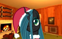 Size: 1720x1080 | Tagged: safe, derpibooru import, edit, editor:tcgamebot, queen chrysalis, changeling, changeling queen, christmas, clothes, costume, cute, female, fire, fireplace, hat, head tilt, holiday, image, looking at you, old tv, one eye closed, png, present, santa hat, solo, weapon, wink