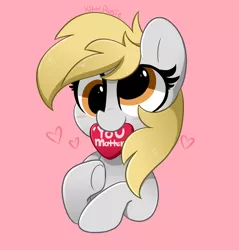 Size: 3914x4096 | Tagged: safe, artist:kittyrosie, derpibooru import, derpy hooves, pegasus, pony, blushing, cute, derp, derpabetes, female, heart, image, jpeg, mare, mouth hold, pink background, positive message, simple background