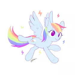 Size: 800x800 | Tagged: safe, artist:sion, derpibooru import, rainbow dash, pegasus, pony, backwards cutie mark, cute, dashabetes, female, image, lightning, mare, no pupils, png, simple background, solo, spread wings, white background, wingding eyes, wings