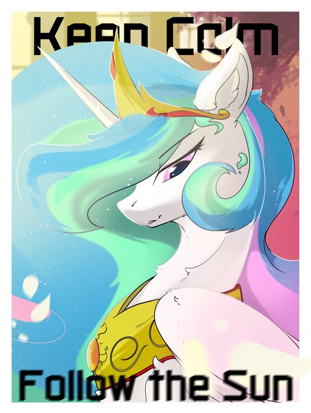 Size: 2635x3500 | Tagged: safe, artist:therealf1rebird, derpibooru import, princess celestia, alicorn, pony, horn, image, jewelry, jpeg, keep calm, looking at you, regalia, solo, wings