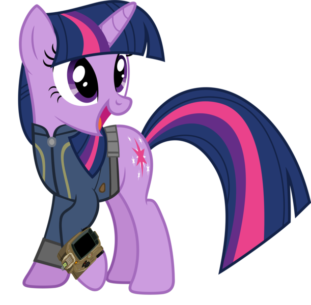 Size: 5089x5000 | Tagged: safe, artist:dashiesparkle, artist:ponygamer2020, derpibooru import, twilight sparkle, pony, unicorn, fallout equestria, clothes, fallout, female, image, jumpsuit, open mouth, pipboy, png, raised hoof, simple background, solo, transparent background, unicorn twilight, vault suit, vector