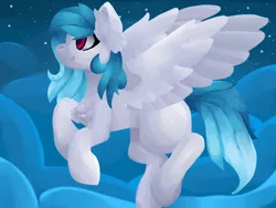 Size: 1600x1200 | Tagged: safe, artist:skyblazeart, derpibooru import, oc, oc:winter, unofficial characters only, pegasus, pony, chest fluff, cyan mane, digital art, ear fluff, female, flying, full body, image, pink eyes, png, request, sky, solo, stars, wings