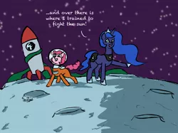 Size: 2732x2048 | Tagged: safe, artist:datzigga, derpibooru import, pinkie pie, princess luna, alicorn, earth pony, pony, image, jpeg, monster, moon, space, space helmet, spaceship, spacesuit