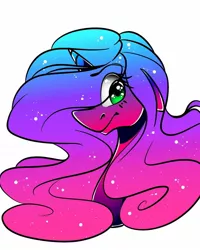 Size: 1080x1350 | Tagged: safe, alternate version, artist:tessa_key_, derpibooru import, oc, unofficial characters only, pony, unicorn, bust, colored, ethereal mane, eye clipping through hair, eyelashes, female, horn, image, jpeg, mare, simple background, smiling, solo, starry mane, unicorn oc, white background