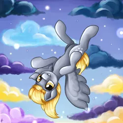 Size: 2200x2200 | Tagged: safe, artist:appleneedle, derpibooru import, derpy hooves, pegasus, pony, cloud, cute, derpabetes, derpy being derpy, female, flying, grin, image, jpeg, mare, redraw, sky, smiling, solo, upside down