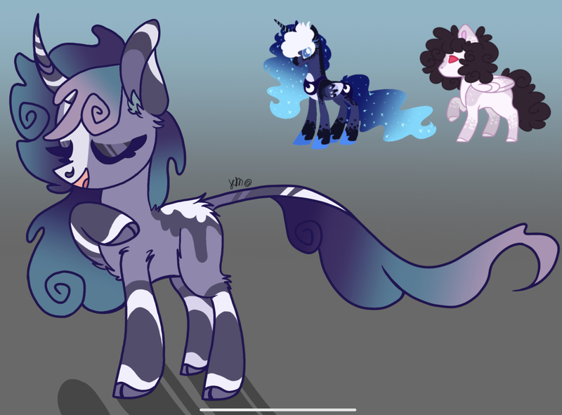 Size: 2258x1668 | Tagged: safe, artist:caramelbolt24, derpibooru import, princess luna, oc, alicorn, classical unicorn, pegasus, pony, unicorn, abstract background, alternate design, cloven hooves, ear fluff, ethereal mane, eyelashes, eyes closed, female, hoof on chest, horn, image, jpeg, leonine tail, mare, offspring, parent:princess luna, parents:canon x oc, pegasus oc, peytral, raised hoof, signature, starry mane, unicorn oc, unshorn fetlocks, wings