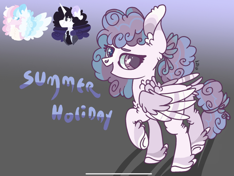 Size: 2218x1668 | Tagged: safe, artist:caramelbolt24, derpibooru import, oc, oc:summer holiday, unofficial characters only, pegasus, pony, unicorn, bust, clothes, ear fluff, feathered fetlocks, female, gradient background, horn, image, jpeg, mare, offspring, open mouth, parents:oc x oc, pegasus oc, signature, smiling, unicorn oc, wings