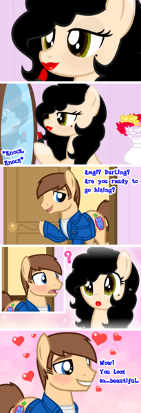 Size: 796x2331 | Tagged: safe, artist:amgiwolf, derpibooru import, oc, oc:amgi, oc:applewolf, unofficial characters only, earth pony, pony, bouquet, clothes, comic, dialogue, earth pony oc, eyelashes, female, flower, heart, image, indoors, lipstick, male, mare, mirror, oc x oc, png, red lipstick, reflection, shipping, smiling, stallion