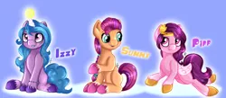 Size: 4248x1852 | Tagged: safe, artist:appleneedle, derpibooru import, izzy moonbow, pipp, sunny starscout, earth pony, pegasus, pony, unicorn, adorapipp, ball, bracelet, cute, female, flying, g5, grin, horn, horn guard, hornball, image, izzy's tennis ball, izzybetes, jewelry, jpeg, mare, markings, open mouth, raised hoof, sitting, smiling, sunnybetes, tennis ball, trio, unshorn fetlocks
