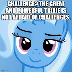 Size: 500x500 | Tagged: safe, derpibooru import, trixie, caption, image, image macro, imgflip, jpeg, looking at you, meme, text, trixie yells at everything
