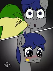 Size: 770x1032 | Tagged: safe, artist:mranthony2, derpibooru import, oc, oc:lemon bounce, oc:royal quill, pegasus, pony, 2 panel comic, blushing, colored, comic, flat colors, gradient background, image, kiss mark, kiss on the cheek, kissing, lipstick, png, scrunchy face, signature, simple background, surprised