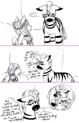 Size: 500x779 | Tagged: safe, artist:mew, derpibooru import, oc, oc:ickle muse, oc:zuberi, pegasus, pony, zebra, ask ickle muse, biting, ear bite, female, image, mare, monochrome, png