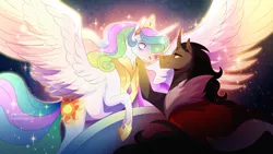 Size: 2492x1406 | Tagged: safe, artist:pumpkabooo, derpibooru import, king sombra, princess celestia, alicorn, pony, unicorn, cloak, clothes, female, image, male, mare, png, spread wings, stallion, wings