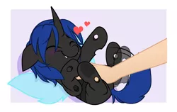 Size: 5000x3168 | Tagged: safe, artist:jhayarr23, derpibooru import, part of a set, oc, oc:swift dawn, changeling, pony, behaving like a dog, bellyrubs, blue changeling, blushing, changeling oc, commission, cute, eyebrows visible through hair, fangs, floppy ears, frog (hoof), hand, heart, high res, image, leg twitch, lying down, male, motion lines, ocbetes, offscreen character, offscreen human, on back, petting, png, scratch reflex, simple background, smiling, stallion, tapping, twitching, underhoof, wings, ych result