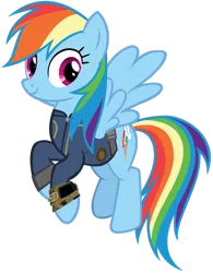 Size: 1024x1314 | Tagged: safe, artist:ponygamer2020, derpibooru import, rainbow dash, pegasus, pony, fallout equestria, clothes, fallout, female, flying, image, jumpsuit, mare, pipboy, png, simple background, solo, transparent background, vault suit, vector