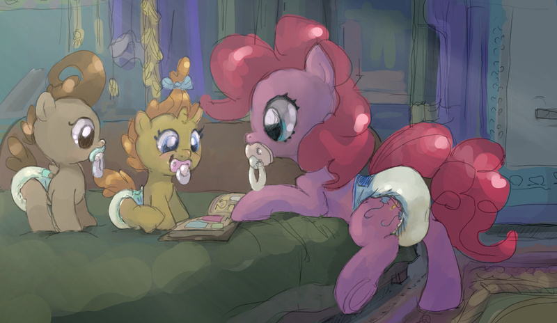 Size: 2550x1480 | Tagged: questionable, artist:asdfasfasda, derpibooru import, pinkie pie, pound cake, pumpkin cake, pony, adult foal, baby, baby pony, bed, bedroom, book, cake twins, diaper, diaper fetish, fetish, foal, image, jpeg, non-baby in diaper, pacifier, siblings, twins, urine, wet diaper