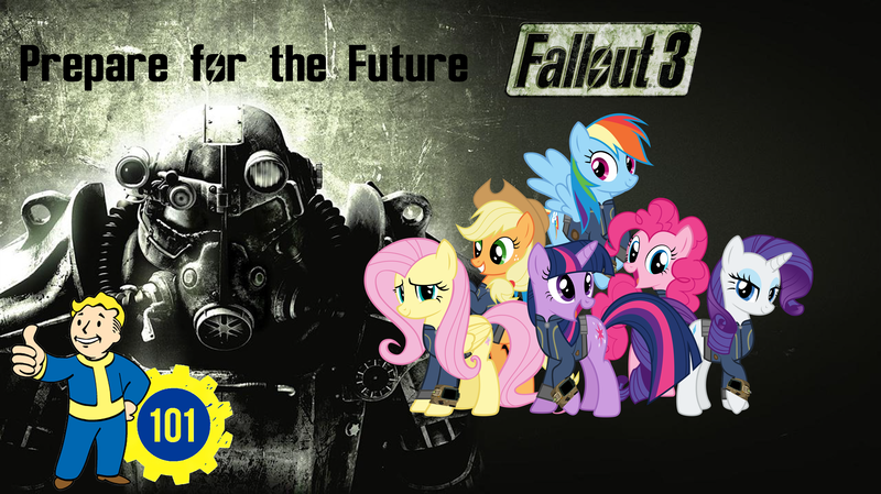 Size: 5360x3008 | Tagged: artist needed, safe, derpibooru import, applejack, fluttershy, pinkie pie, rainbow dash, rarity, twilight sparkle, earth pony, pegasus, pony, unicorn, fallout equestria, clothes, fallout, fallout 3, group, image, mane six, png, vault 101, vault boy, vault suit, wallpaper