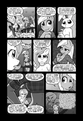 Size: 875x1280 | Tagged: suggestive, artist:ketirz, derpibooru import, angel bunny, applejack, fluttershy, anthro, rabbit, comic:hare moon, fanfic, angelshy, animal, backstory, belly button, black and white, breasts, busty applejack, busty fluttershy, cleavage, clothes, comic, daisy dukes, day, dialogue, female, grayscale, image, jpeg, lewd, male, monochrome, plaid shirt, shipping, shirt, shorts, spread wings, straight, sweet apple acres, webcomic, wings, word balloon