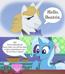 Size: 1280x1440 | Tagged: safe, derpibooru import, edit, edited screencap, screencap, prince blueblood, trixie, all bottled up, the ticket master, aroused, beatrix, beatrix lulamoon, bluetrix, excited, female, flowing hair, image, male, png, shipping, shipping domino, smiling, speech bubble, straight, turn on