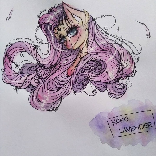 Size: 1080x1080 | Tagged: safe, artist:kokolavender_art, derpibooru import, fluttershy, pegasus, pony, blushing, eyelashes, female, image, jpeg, mare, signature, smiling, solo, traditional art