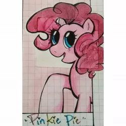 Size: 1080x1080 | Tagged: safe, alternate version, artist:_hey.im.hachi_, derpibooru import, pinkie pie, earth pony, pony, eyelashes, female, graph paper, image, jpeg, mare, open mouth, raised hoof, smiling, solo, traditional art