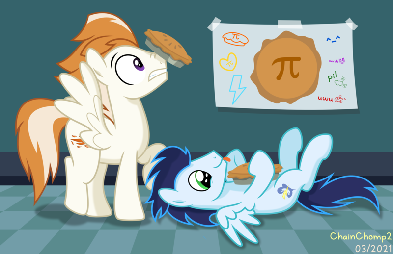 Size: 3400x2200 | Tagged: safe, artist:chainchomp2, derpibooru import, fire streak, soarin', pegasus, pony, :p, balancing, cute, duo, food, high res, image, legs in air, lying down, male, nose wrinkle, on back, pi day, pie, png, soarinbetes, spread wings, stallion, that pony sure does love pies, tongue out, vector, wings, wonderbolts, π