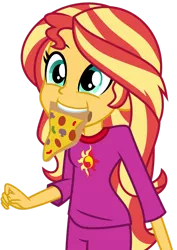 Size: 1024x1448 | Tagged: safe, artist:emeraldblast63, derpibooru import, sunset shimmer, equestria girls, clothes, cute, daylight savings, food, image, mouth hold, pajamas, pi day, pizza, png, shimmerbetes, slice of pizza