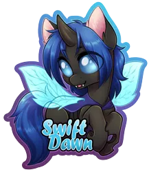 Size: 1040x1200 | Tagged: safe, artist:onnanoko, derpibooru import, oc, oc:swift dawn, unofficial characters only, changeling, earth pony, pony, badge, blue changeling, changeling oc, con badge, cute, eyebrows visible through hair, fangs, food, grin, horn, image, looking at you, male, name, ocbetes, png, simple background, smiling, solo, stallion, transparent background, wings