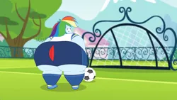 Size: 2560x1440 | Tagged: suggestive, artist:neongothic, derpibooru import, rainbow dash, equestria girls, bbw, clothes, fat, fat ass, fat fetish, fetish, image, looking back, morbidly obese, obese, png, rainblob dash, ripping clothes, soccer ball (object), soccer field, solo, ssbbw, story included, sweat, the ass was fat, the ass was too fat, thighs, thunder thighs, wardrobe malfunction, weight gain