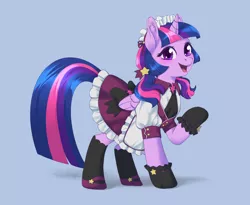 Size: 3564x2918 | Tagged: safe, artist:taytinabelle, derpibooru import, twilight sparkle, twilight sparkle (alicorn), alicorn, pony, apron, blue background, blushing, bow, clothes, cute, cutie mark accessory, dress, ear fluff, female, gradient background, happy, hat, image, looking at you, maid, mare, necktie, pigtails, pleated skirt, png, raised hoof, shoes, simple background, skirt, smiling, socks, solo