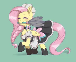 Size: 3879x3176 | Tagged: safe, artist:taytinabelle, fluttershy, pegasus, pony, alternate hairstyle, apron, bow, braid, braided ponytail, chest fluff, choker, clothes, collar, cute, cutie mark accessory, dress, duster, ear fluff, ears, eyes closed, female, fluttermaid, green background, happy, image, maid, maid headdress, mare, mouth hold, png, raised hoof, raised leg, shoes, simple background, smiling, solo