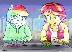 Size: 1464x1067 | Tagged: safe, artist:wakyaot34, derpibooru import, rainbow dash, sunset shimmer, equestria girls, arcade, arcade game, clothes, hoodie, image, jpeg, playing, sweat, sweatdrop, tongue out