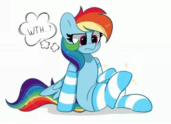 Size: 4096x2977 | Tagged: safe, artist:kittyrosie, derpibooru import, rainbow dash, pegasus, clothes, confused, cute, dashabetes, image, jpeg, simple background, socks, striped socks, thinking, what the hay?, white background