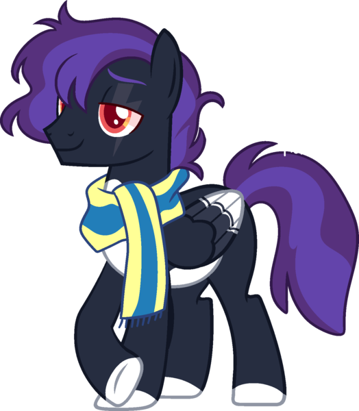 Size: 1449x1659 | Tagged: safe, artist:kurosawakuro, derpibooru import, oc, pegasus, pony, clothes, image, male, offspring, parent:apple bloom, parent:rumble, parents:rumbloom, png, scarf, simple background, solo, stallion, transparent background, two toned wings, wings