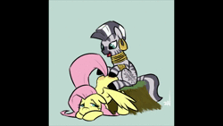 Size: 1920x1080 | Tagged: suggestive, artist:ponchuzn, derpibooru import, edit, fluttershy, zecora, pegasus, pony, zebra, animated, butt, butt bongo fiesta, drums, face down ass up, floppy ears, gray background, image, looking down, mp4, musical instrument, open mouth, plot, red butt, simple background, sitting, smiling, tree stump