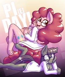 Size: 3584x4232 | Tagged: suggestive, artist:zaron, deleted from derpibooru, derpibooru import, maud pie, pinkie pie, anthro, earth pony, breasts, clothes, female, glasses, gradient background, high res, image, jpeg, lab coat, looking at you, looking back, looking back at you, open mouth, siblings, sisters, text