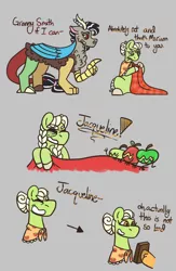 Size: 848x1304 | Tagged: safe, artist:justanotherfan-trash, derpibooru import, applejack, discord, granny smith, draconequus, earth pony, pony, age regression, apple, chaos, disembodied hoof, female, food, gray background, image, implied applecord, implied shipping, implied straight, male, mare, offscreen character, png, simple background, young granny smith, younger