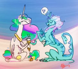 Size: 3868x3441 | Tagged: safe, artist:alumx, derpibooru import, princess celestia, dragon, pony, crossover, female, food, image, jpeg, mare, raya and the last dragon, sisu, sitting, tea