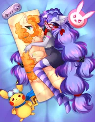 Size: 2399x3096 | Tagged: safe, alternate version, artist:airiniblock, derpibooru import, pear butter, oc, oc:cinnabyte, unofficial characters only, anthro, earth pony, pony, blushing, clothes, dress, glasses, headphones, image, long hair, pillow, png, pony oc, rcf community, socks