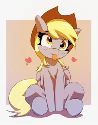 Size: 1799x2297 | Tagged: safe, artist:pabbley, derpibooru import, derpy hooves, pegasus, pony, :p, cowboy hat, cute, floating heart, hat, heart, image, jpeg, sitting, solo, stetson, tongue out