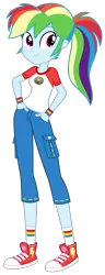 Size: 500x1300 | Tagged: safe, alternate version, artist:knightoftheraven, derpibooru import, rainbow dash, equestria girls, legend of everfree, alternate hairstyle, camp everfree logo, camp everfree outfits, camping outfit, clothes, colored, converse, female, flat colors, hands in pockets, image, inkscape, jeans, looking at you, pants, png, ponytail, shirt, shoes, short jeans, short pants, short sleeves, show accurate, simple background, smiling, smiling at you, socks, solo, standing, t-shirt, textless, transparent background, vector, wristband
