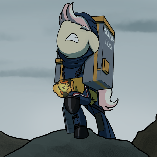 Size: 1000x1000 | Tagged: safe, artist:triplesevens, oc, oc:cornetto, oc:white shield, ponified, unofficial characters only, pony, crate, crossover, death stranding, image, outdoors, png