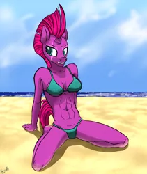 Size: 2156x2550 | Tagged: suggestive, artist:pwnyville, derpibooru import, tempest shadow, anthro, plantigrade anthro, beach, bikini, breasts, clothes, fit, hand, image, lip bite, looking away, ocean, pecs, png, sand, skinny, swimsuit