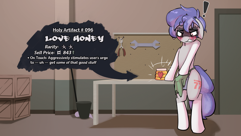 Size: 2416x1359 | Tagged: explicit, artist:triplesevens, oc, oc:triple sevens, unofficial characters only, unicorn, balls, blushing, box, clothes, erection, erection under clothes, exclamation point, face paint, food, hiding erection, honey, image, implied penis, indoors, loincloth, male, mop, nudity, penis, png, solo, solo male, table, text
