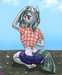 Size: 1631x1950 | Tagged: suggestive, artist:pwnyville, derpibooru import, marble pie, anthro, plantigrade anthro, clothes, country, feet, field, flannel shirt, image, jeans, looking at you, looking back, looking back at you, pants, png, rock farm, sky