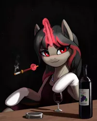 Size: 3210x3993 | Tagged: safe, artist:mrscroup, derpibooru import, oc, oc:elusive heart, anthro, unicorn, bottle, clothes, dress, female, glass, image, jpeg, levitation, magic, solo, telekinesis, wine bottle, wine glass