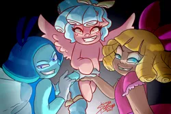 Size: 1772x1181 | Tagged: safe, derpibooru import, cozy glow, anthro, human, unicorn, cats don't dance, crossover, crossover: aquamarine, crossover: darla dimple, fanart, female, group, image, png, steven universe